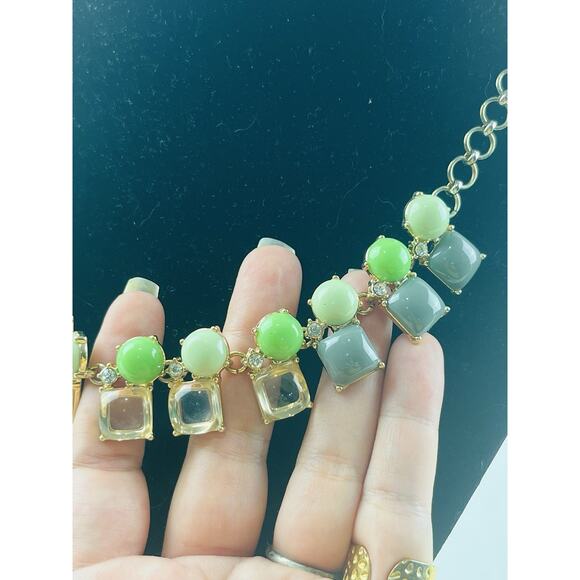 J.Crew Statement Necklace Chunky Lime Green Grey Rhinestones Transparent Squares - Picture 10 of 12
